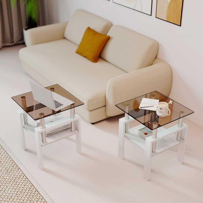 Table basse carrée en verre, ensemble de 2 tables de salon, ensemble de 2 tables de thé moderne trempé avec plateau en MDF et table de bout brun / blanc