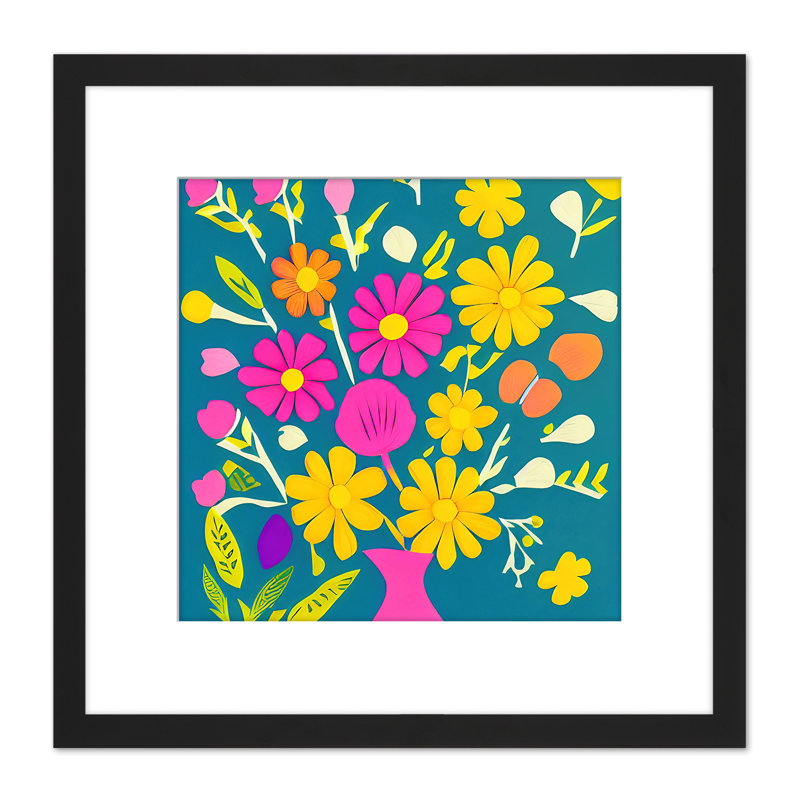 Bouquet Pink Yellow Daisy Flowers on Blue 1 Piece Single Picture Frame Wall Art