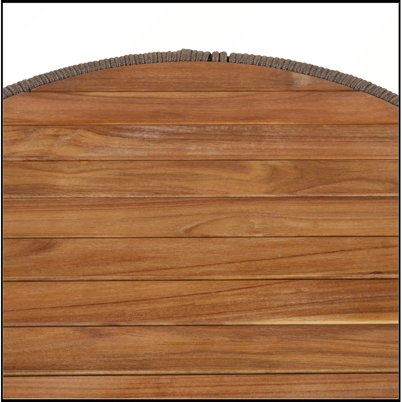 Table d'appoint ronde en bois d'acacia avec structure en corde et plateau fini en teck, supportant jusqu'à 68 kg, résistante aux intempéries.