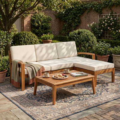 Ensemble de canapé modulaire de patio 3 pièces avec structure en bois d'acacia, coussins, beige
