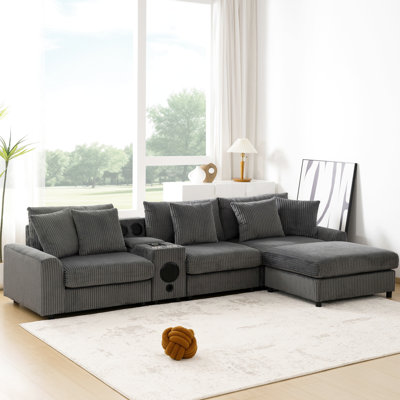Canapé modulaire en velours côtelé avec haut-parleurs Bluetooth, canapé en L avec console, chargeur USB, porte-gobelets, rangement, repose-pieds, canapé à sièges profonds et larges pour salon et appartement