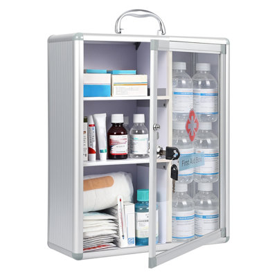 Grande armoire à pharmacie verrouillable avec poignée, armoire de premiers soins Protable, fixation murale avec autocollant pour salle de bain, 13,78 po x 5,51 po x 16,53 po, argent