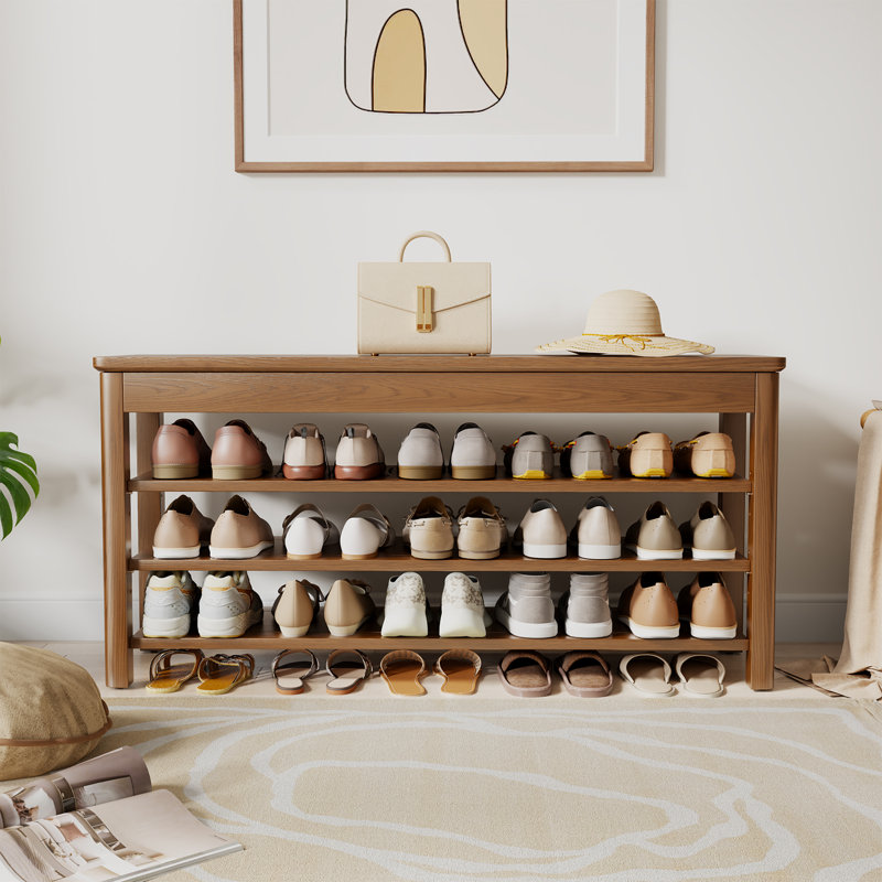 Banc d'entrée en bois massif avec rangement relevable et 3 tablettes à chaussures Addisin, L 47,24 po