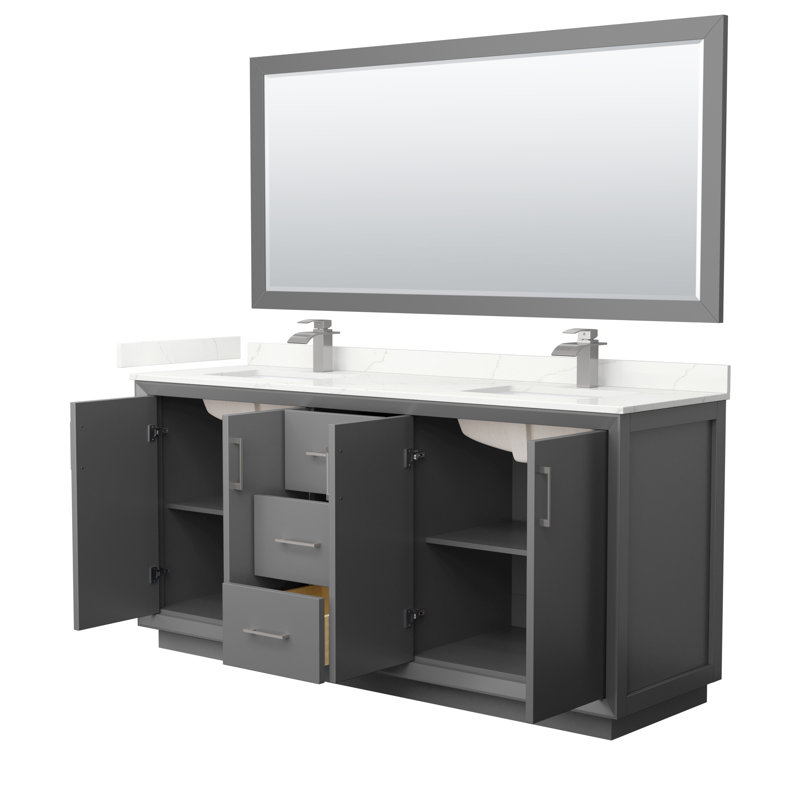 Meuble-lavabo double autoportant 72 po avec plateau en quartz Strada, Quartz Giotto, Gris foncé, Bronze satiné