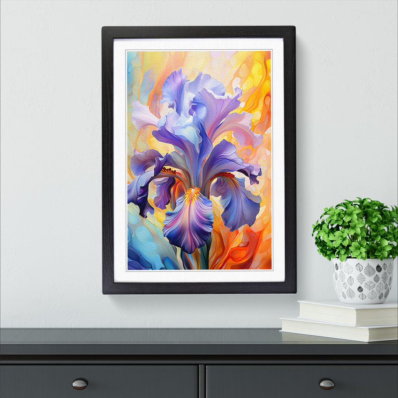Iris Flower Futurism No.3 - Single Picture Frame Print on Wood, 64cm H x 46cm W x 2cm D, Black Framed