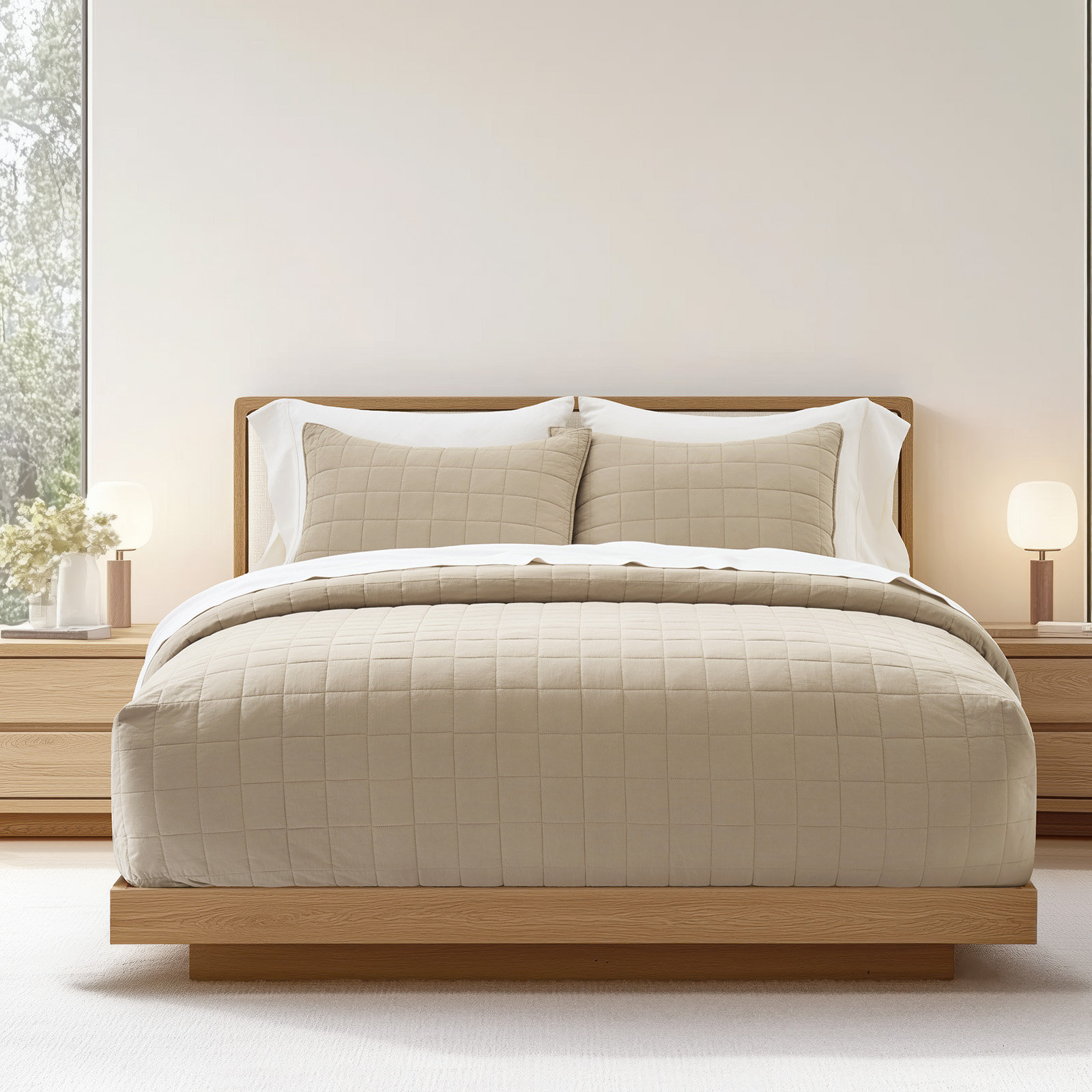 Cotton Quilt Set, Khaki Tan, King Quilt + 2 King Shams