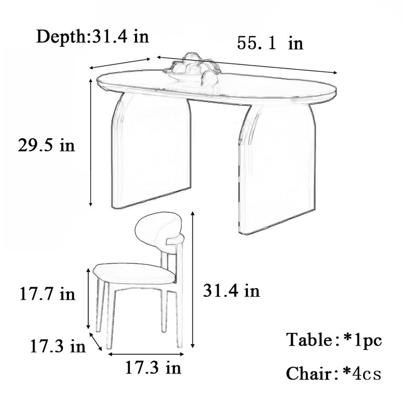 Table et chaise de salle à manger de style crème minimaliste, H 29,5 po x L 55,1 po x l 31,4 po