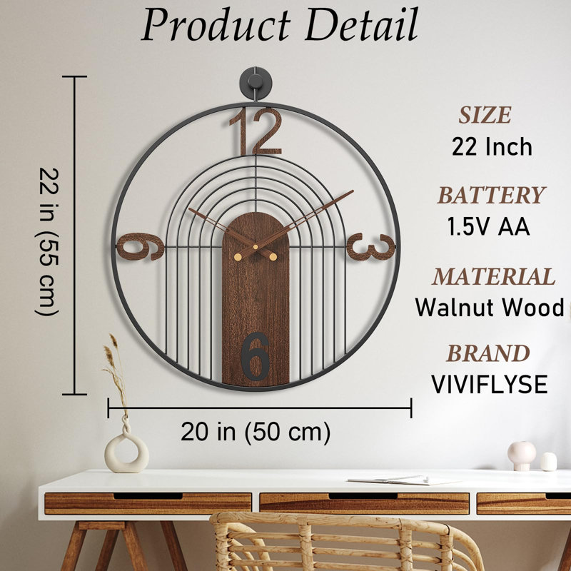 22" Walnut and Black Metal Silent Wall Clock