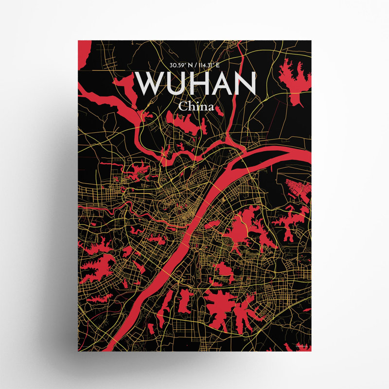 Carte de la ville de Whan, impression, Noir / rouge / jaune, H 24 po x l 18 po