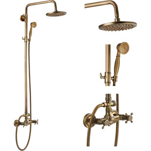 Antique Brass Exposed Shower Faucet Set - 8 Inch Rainfall Head & Handheld Shower, 2 Functions Cross Handle Wall Mount