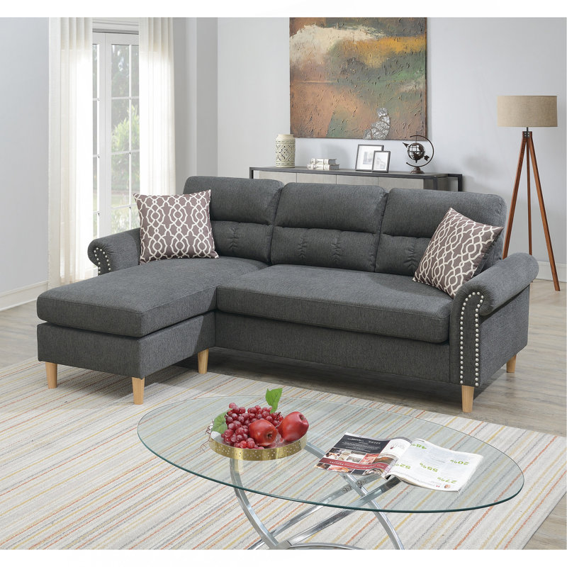 Polyfiber Reversible Sectional Sofa Set Chaise Pillows Plush Cushion Couch Nailheads, Grey Mix