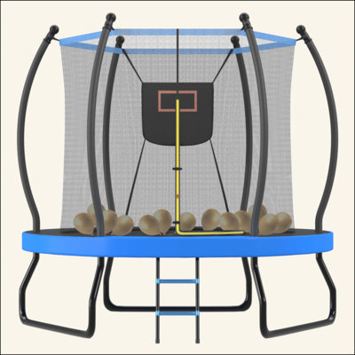 8FT Trampoline With Basketball Hoop, Enclosure Net And Ladder, Outdoor Trampoline For Kids, Recreational Backyard Trampoline