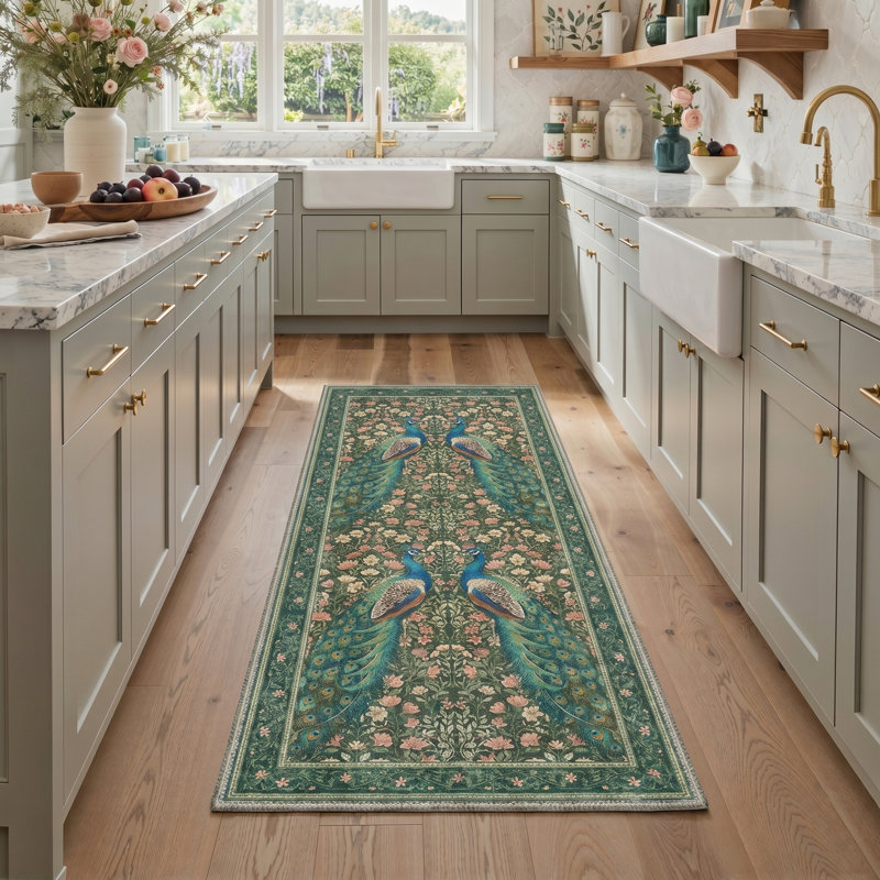 Peafowl Collection Vintage Machine Green Indoor Area Rug with Non-Slip Backing, Runner 2' x 6'