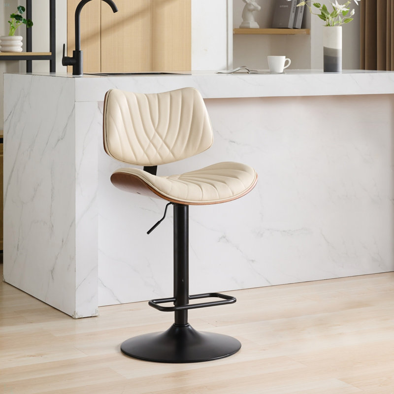Walnut Bentwood Bar Stool Mid Century Modern Adjustable Counter Height Black Leather Upholstered 360°Swivel Bar Chairs for Kitchen Island/Dining Room/Cafe