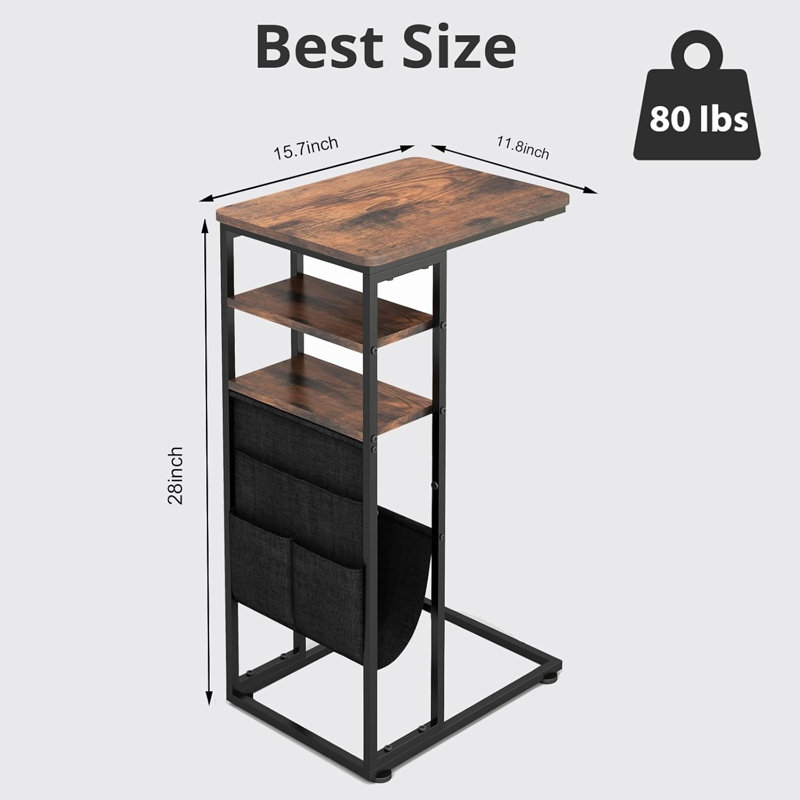 Table de bout en C pour canapé, table d'appoint en forme de C avec sac de rangement, table en C pour canapé avec 2 tablettes de rangement, noir avec prise