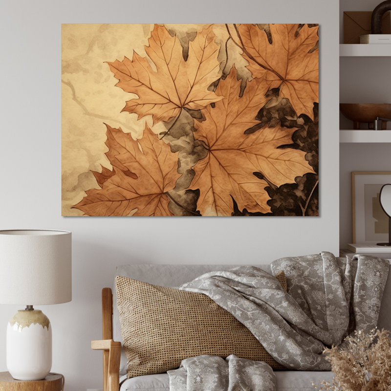 " Brown Beige Leafs Harmony I ", 12" H x 20" W x 1" D, Wrapped Canvas