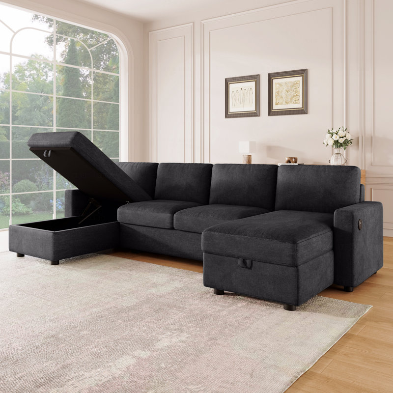 Canapé modulaire Basic, canapé convertible de 103,9 po en forme de U avec deux chaises longues de rangement et quatre ports USB