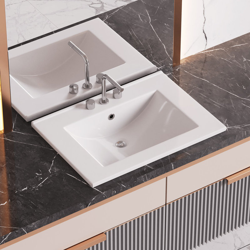 White Ceramic Rectangular Drop-In Bathroom Sink with Overflow