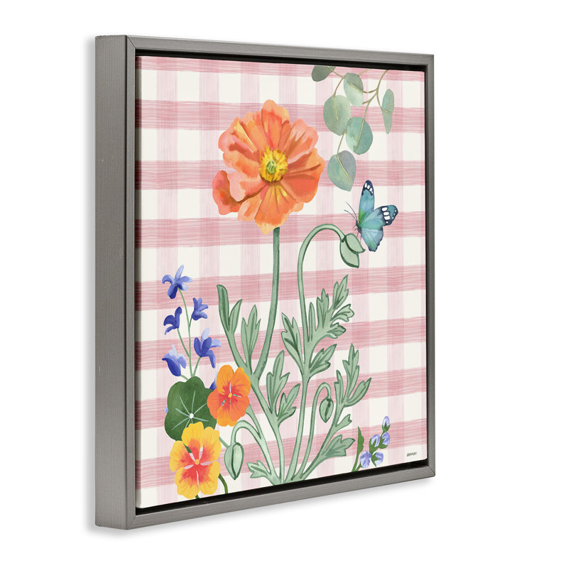«Gingham Garden Poppy», art mural encadré flottant par Levison Design, Cadre flottant gris lustré, H 25 po x l 25 po