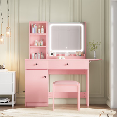 Pink Vanity Desk Toy Set with Mirror & Adjustable Lights – Kids Makeup Vanity Table for Girls – Charging Station, Storage Cabinet, Drawers, Chair, Shelves – Bedroom, Dorm, Gift – Pink