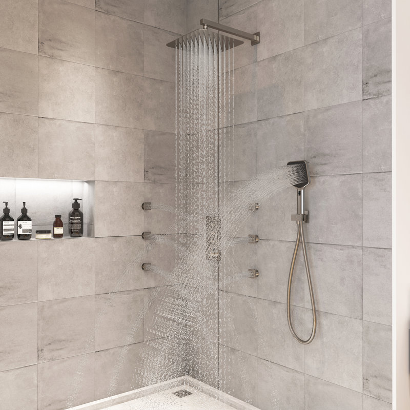 Système de douche thermostatique mural 3 fonctions 12 pouces avec 6 jets de corps, Nickel brossé