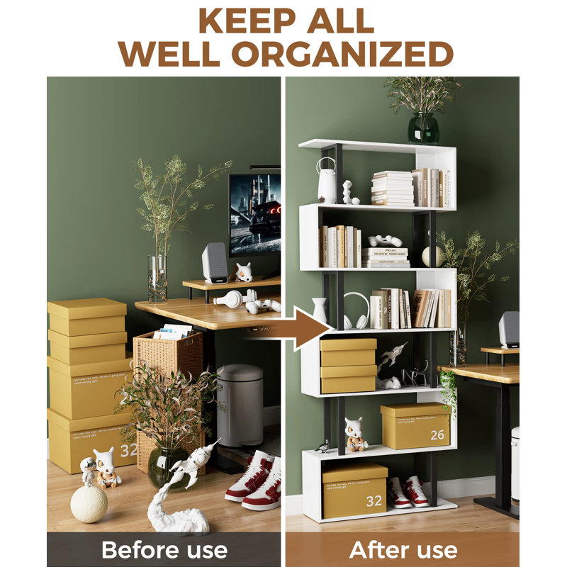 White and Black 6-Tier Geometric Wood and Metal Bookcase
