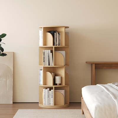 Rotating Bookshelf, 4 Tier Small Bookcase Corner Shelves Display Storage Tower Space-Saving Revolving For Small Space, Natural