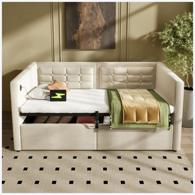 Lit de jour double rembourré avec rangement hydraulique, ports USB et Type-C, dossier en velours capitonné, beige (matelas non inclus)