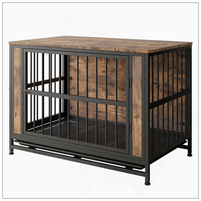 Table pour chien rustique en bois avec 2 portes coulissantes, structure en fer épais et plateau coulissant pour chiens de grande / moyenne / petite taille