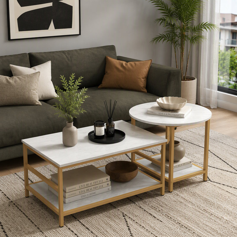 HOMcom, ensemble de 2 tables basses rectangulaires et rondes à 2 rangées avec tablettes de rangement, plateau en faux marbre et structure en acier, table d'appoint de canapé pour le salon, blanc