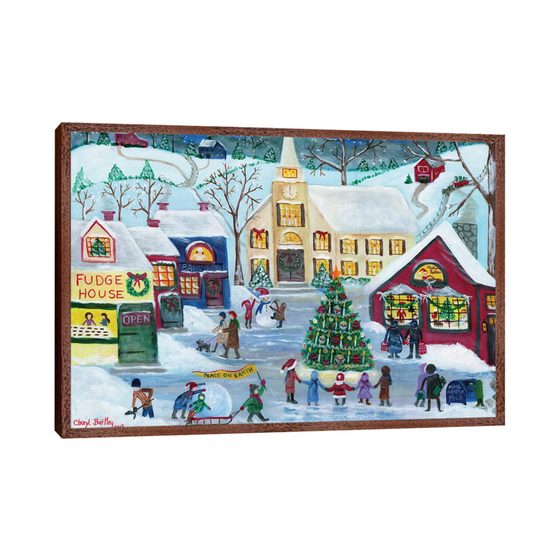 Christmas Holiday Shopping Village by Cheryl Bartley - Print on Canvas, 101.6 cm H x 66.04 cm W, Classic Brown Wood Framed