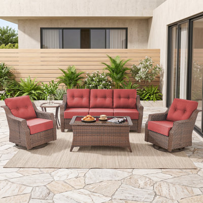 Ensemble de meubles de patio d'extérieur en osier 5 pièces de luxe avec coussins épais de 6 pouces, chaises berçantes pivotantes, table basse en verre et table d'appoint pour cour et terrasse