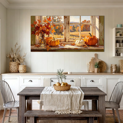  Large Fall Canvas Wall Art Pumpkin Painting, Autumn Picture Wall Decor for Living Room or Entryway, Rustic Farmhouse Artwork, Earth Tone Gallery Wrapped Canvas, Ready to Hang, 24×47 inches