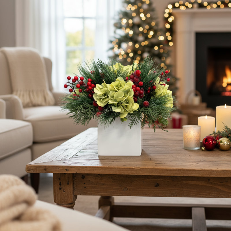 Hydrangeas and Berries Embellished with Festive Greens