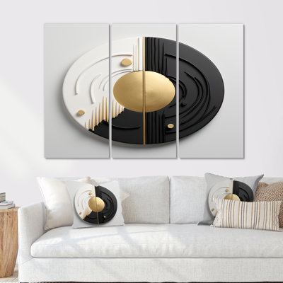 Or blanc, cercle noir abstrait - ensemble d'art mural géométrique