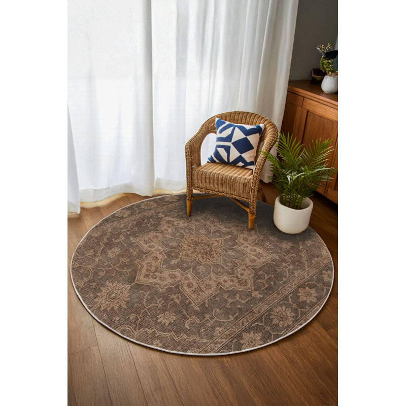 Nouvelle Collection Digital Print Cotton-Polyester Brown Oriental Rug, Round 2'8"