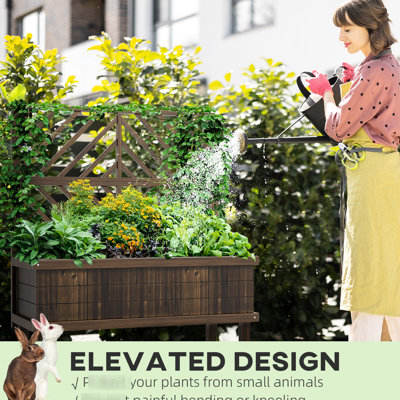 Elevated Garden Bed With Stylized Trellis, 10.25" Length, Self-Draining Wood, Outdoor Garden, Patio, 42.39" Depth,