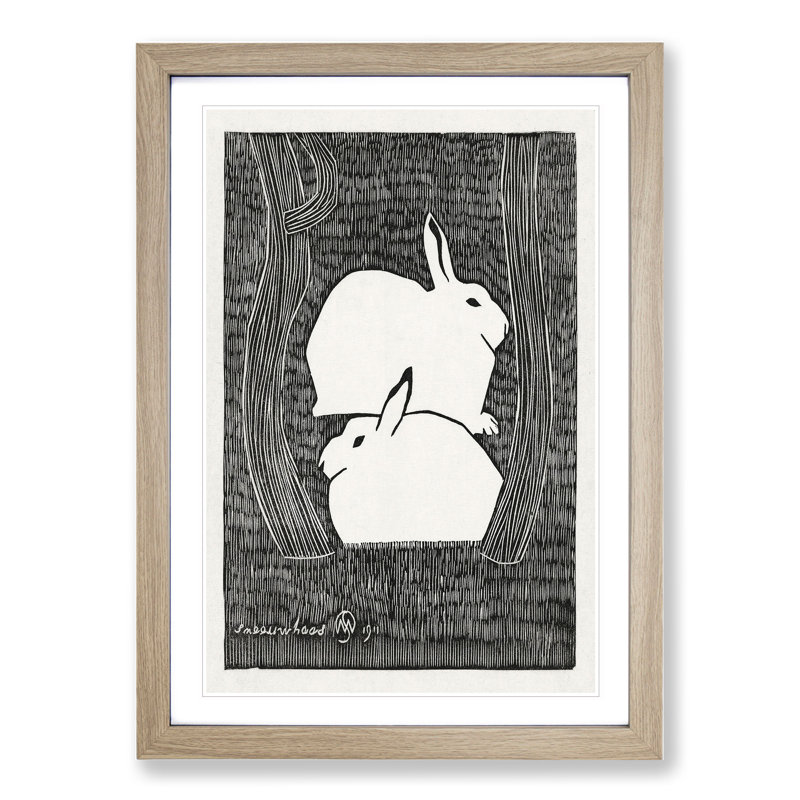 Two Snow Hares by Samuel De Mesquita - Picture Frame Painting, 65cm H x 48cm W x 2cm D, Oak Framed