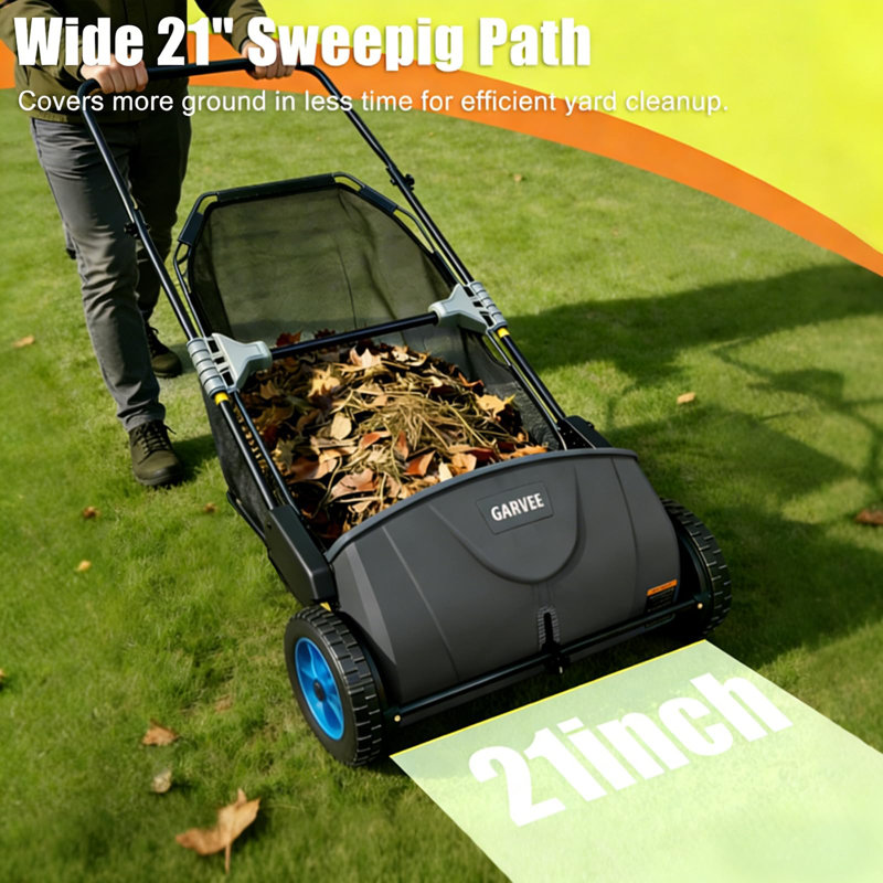 Manual Push Lawn Sweeper 21-Inch, Yard Leaf & Debris Collector with 3.5 Cu. Ft. Collection Bag, Adjustable Brush Height for Lawns & Driveways, Foldable Storage Design