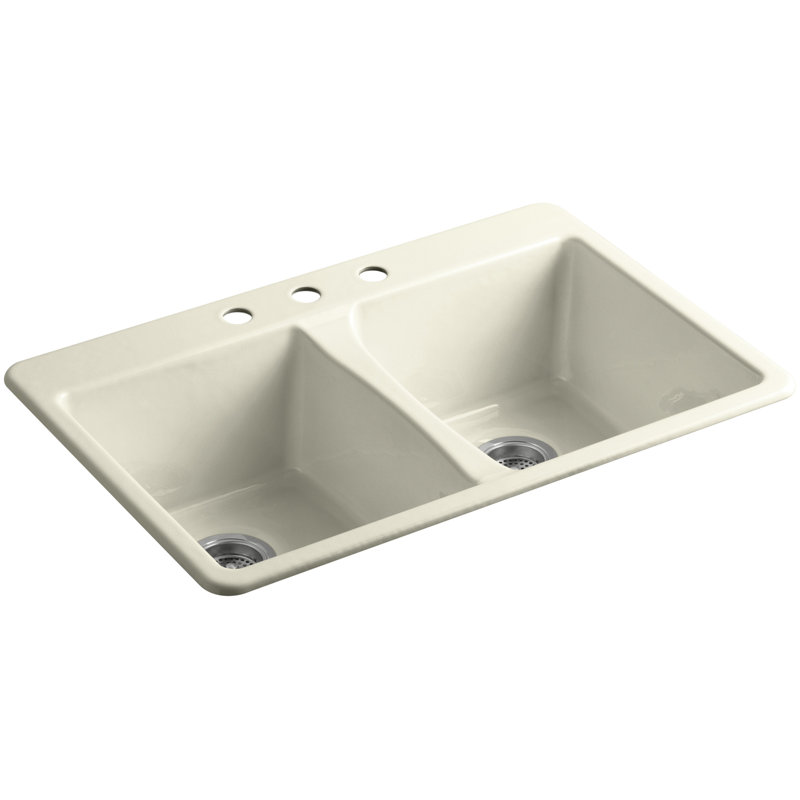 Deerfield 33" L x 22" W Double Basin Drop-In Kitchen Sink with Accessories, White, 3 Hole