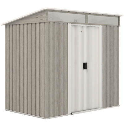 Light Grey Wood Effect 6.5 X 4ft Galvanised Metal Garden Shed, Lockable Double Sliding Door Storage Shed With Foundation Kit & Windows
