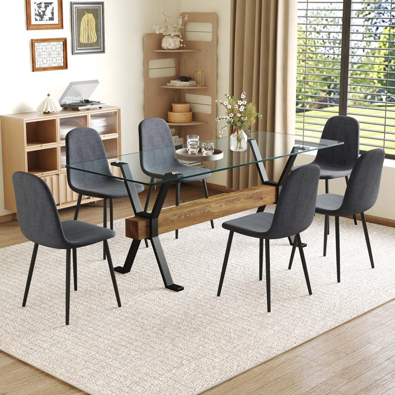 Pieds de table en X, poutre en MDF texturé grain de bois, jumelés à 6 chaises