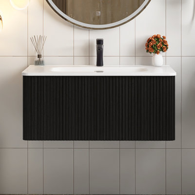 36“ Wall Mounted Floating Bathroom Vanity With White Ceramic Sink