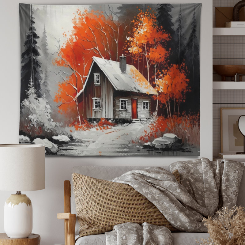 Tapisserie chalet en polyester orange et orange en hiver, H 50 po x l 60 po