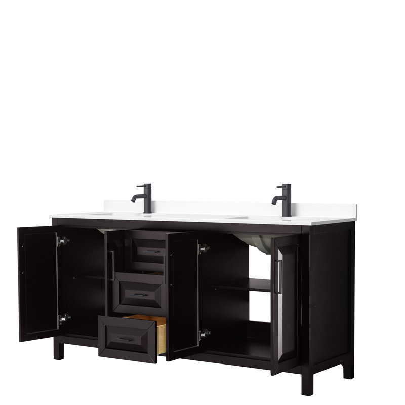 Daria 72'' W Double Vanity, White Cultured Marble, Matte Black, Dark Espresso