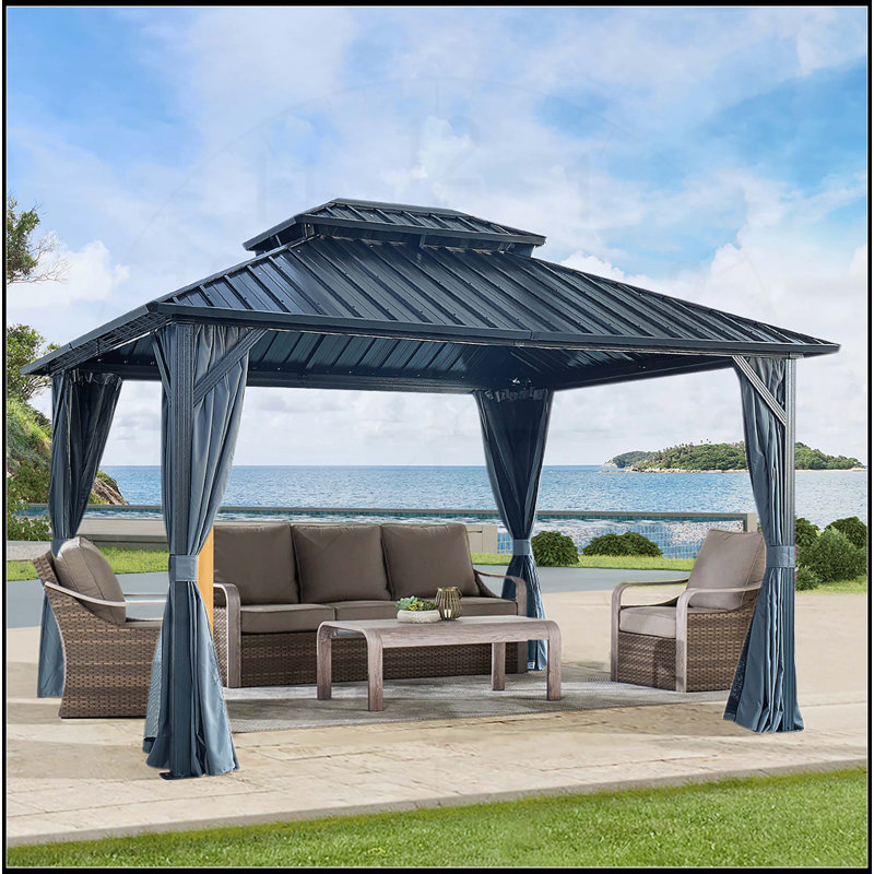 Pavillon de jardin à toit rigide 12 'X 12' avec double toit en acier galvanisé, structure en aluminium robuste, rideaux et filet
