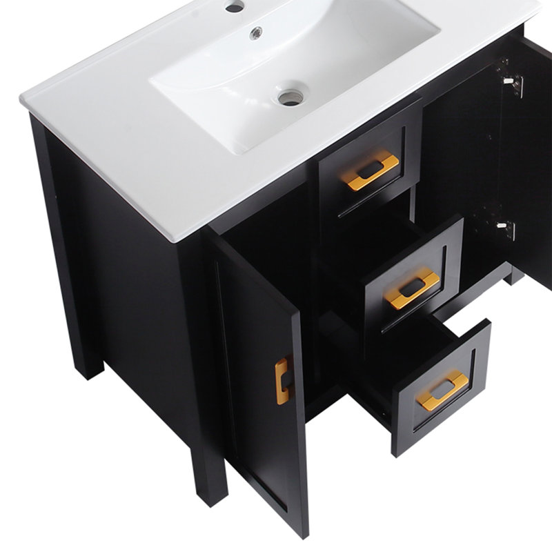 Meuble-lavabo sur pied 36 po avec lavabo en céramique, Noir, noir, noir, noir