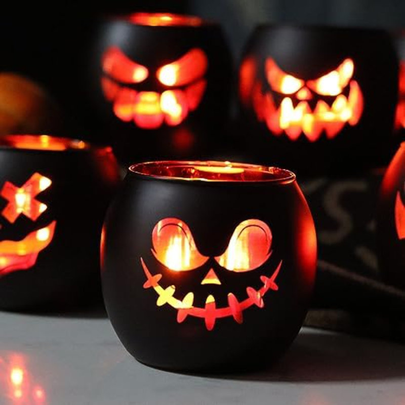 Porte-bougies noirs 6 pièces, bougeoirs lanternes Jack O Lantern, décorations d'Halloween d'intérieur pour table de cheminée