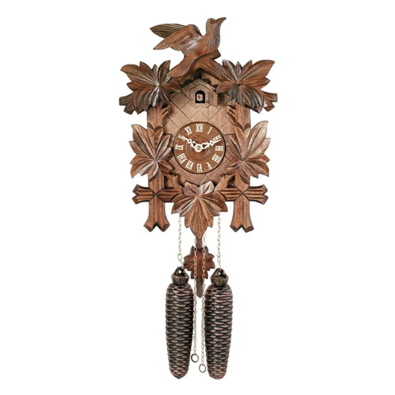  Horloge coucou huit jours avec 13 pouces de hauteur, cinq feuilles d'érable sculptées à la main et un oiseau