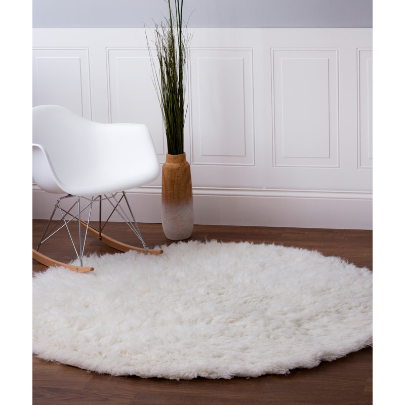 Tapis blanc en laine à poils longs Stonec chiffre, Rond 5 pi